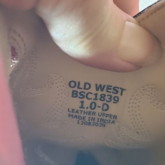 OLD WEST Brown Pink Leather Square Toe Cowboy Boots Youth Girls Size 1D EUC - Picture 5 of 7